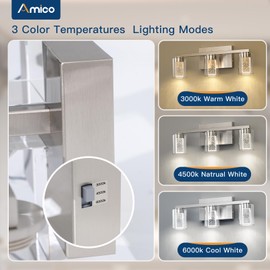 Amico Bathroom Vanity Lights, 3 Lights Brushed Nickel Bathroom Lighting Fixtures with 3CCT Adjustable, Modern Bathroom Wall Sconce with Crystal Bubble Glass for Bathroom, Living Room, Hallway
