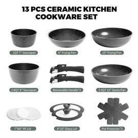 ZHANG XIAO QUAN SINCE 1628 Pots and Pans Set Non Stick, Black Pots and Pans Set, 13PCS Aluminium Oven Safe Cookware Set, PTFE/PFAS/PFOA Free Cookware, Non Stick Pots and Pan Set Detachable Handle