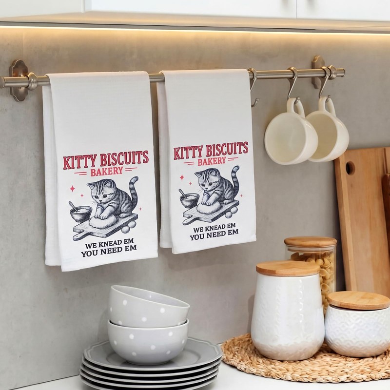 Peryiter Funny Cat Kitchen Towels Set of 2 Kitty Biscuits