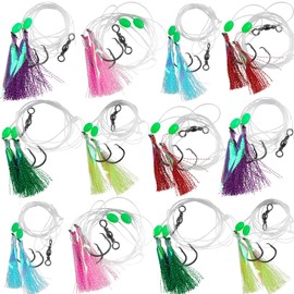 Fishing Bait Rigs Set with Sharp Circle Hooks, Barrel Swivels, Flasher Fish Skin Glow Beads, Saltwater Bottom Fishing Rigs for Rockfish Lingcod Sea Bass - 14 Pack