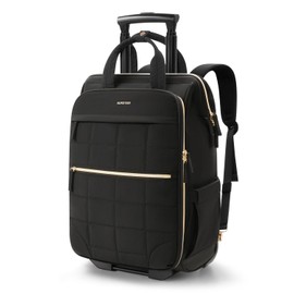 Rolling Puffer Backpack for Women, Wheeled Laptop Backpack, Short-Term Travel Backpack with Wheels, Roller Adults Work Computer Bag, Water Resistant Overnight College Underseat Carry on Luggage, Black