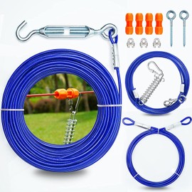 Heavy Duty Aerial Dog Tie Out Trolley System for Small to Large Dogs - Run Cable 100ft /75ft Zipline with 10ft Runner Cable Great for Yard (Blue, 100 ft for one Dogs up to 250 lbs)