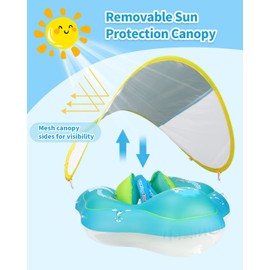 Free Swimming Baby Infant Pool Float with Sun Canopy Inflatable Baby Swimming Floatie with Sponge Safety Bottom Support Water Toys Swim Trainer for Age of 3-72 Months (Blue, L)