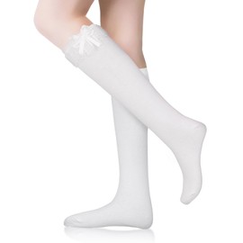 UICCVOKK Frilly Socks for Women White Frilly Socks White Bow Stockings with Bow Lace Cotton Knee High Socks For Lolita Heiress Cosplay Everyday Wear