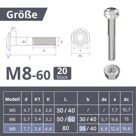 ORTAVA Carriage Bolts M8 x 60 Galvanised DIN 603 (Pack of 20) Partial Thread, with Hex Flange Nut, Made of Carbon Steel, Round-Head Screws
