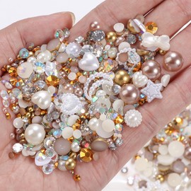 50g Gold White Color Flatback Rhinestones Pearls for Bedazzling, 3-8mm Flatback Rhinestone Gems, 2-10mm Pearls Beads, 100Pcs Moon Star Heart Bowknots Pearl Nail Charms for Crafts DIY Clothes Tumblers