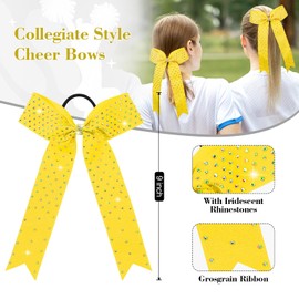 DEEKA 12 PCS Glitter Collegiate Yellow Ponytail Holders - Long Tail Full Rhinestones Skinny Shiny Handmade Bows for Girls Teens Cheerleaders