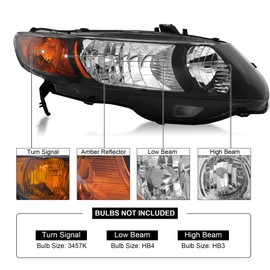 Daume Headlight Assembly Fit For 2006-2011 Honda Civic 2-Door 2006 2007 2008 2009 2010 2011 06 07 08 09 10 11 Honda Civic (Black Housing Amber Reflector)