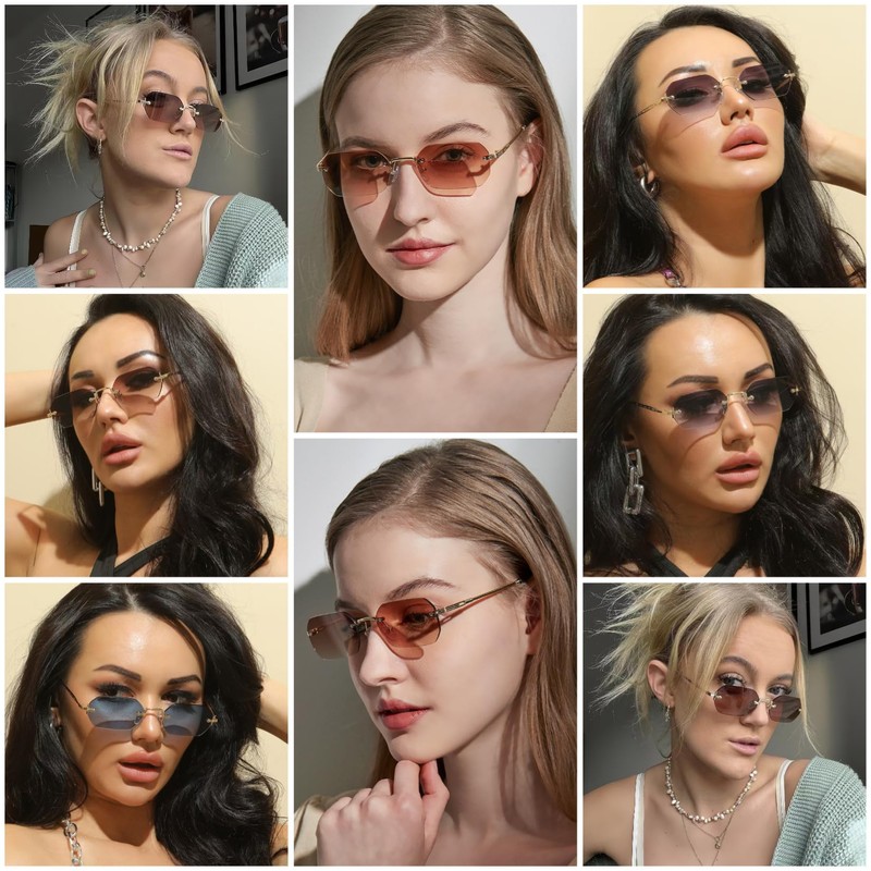 JCTAIFOO Retro Rimless Rectangular Sunglasses Women Men Vintage Slim Rectangular