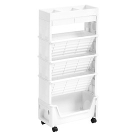 AGTEK 5 Tier Rolling Utility Cart, Book Cart with Wheels, Office Book Carts with Divided Top Shelf for Organizing Books and Supplies in Home, Office, Classroom, White