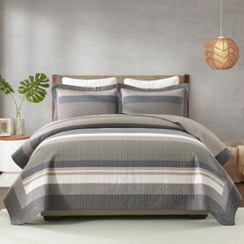Finlonte Queen Size Quilt Set, Farmhouse Striped Queen Comforter, Cotton Quilted Bedspread, Gray Brown Beige White Lightweight Reversible Quilt Bedding Set for All Season, 3-Piece