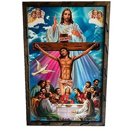 Ultima Cena Con Cristo Crucificado Y Divina Misericordia Imagen En Cuadro Rustico de Madera 36"x24" para Colgar, Nuevo