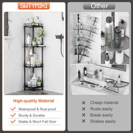 SWTYMIKI Corner Shower Caddy Standing - 4 Tier Stainless Steel Shower Organizer Stand with 4 Hooks & Soap Holder, Rustproof Metal Standing Tall Floor Shower Shelf and Bathroom Organizer, Black
