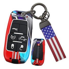ontto luminous car key fob cover fit for Dodge RAM 1500 2500 4500 5500 Chrysler Couva Jeep Grand Cherokee key holder Metal Smart Shell case keyring keychain Accessories 5 buttons Red A