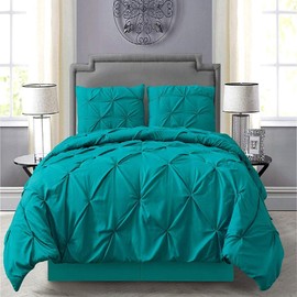8 Piece Modern Pintuck Comforter Set King Size | Beautiful Pinch Pleated Textured Solid Color Luxury Bedding - Durable Casual Comfortable Warm Soft Cozy Comfy Teal Blue Comforter Bed in a Bag Sheets