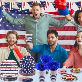 OuMuaMua Patriotic Party Supplies 184 Pcs American Flag Themed Tableware Set 4th of July Disposable Paper Plates Napkins Cups and Banner for Independence Day Memorial Day Party Decorations Serves 25