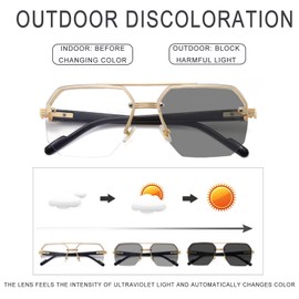 Long Keeper Photochromatic Sunglasses for Men Women Retro Metal Square Glasses Driving GolfR UV400 Protection, Clear gold