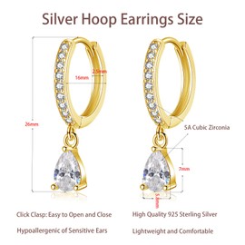 Cangall Silver Drop Hoop Earrings for Women, 925 Sterling Silver Hoop Earrings with Teardrop Dangling, Hypoallergenic CZ Cute Cartilage Earrings Gold Sleeper Teardrop Drop Hoop Earrings Dangle Gold