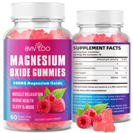 BVIVLOO Magnesium Oxide 400mg Gummies for Vegan Sugar-Free Raspberry Flavor, Muscle Recovery, Nerve Health & Relaxation, 60 Gummies (Non-GMO, Gluten & Allergen Free)