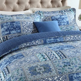 NEWLAKE Cotton Bedspread Quilt Sets-Reversible Patchwork Coverlet Set, Blue Classic Bohemian Pattern,Twin Size
