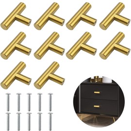 SUpoetry Pack of 10 T Furniture Knobs, Gold Bar Handles, Furniture Knobs, Gold, Single Hole Drawer Handle, Bathroom Handle, for Drawers, Cupboards, Shoe Cabinets, Bedside Tables etc. 5 cm (Golden)