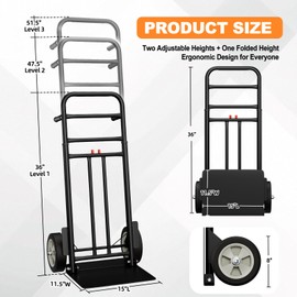 Folding Hand Truck - Heavy Duty 800 LB Dolly Cart, Adjustable 47.5"/51.5" Height, Alloy Steel with 8" Solid Rubber Wheels, Easy Assembly for Warehouse, Home, Small Business & Office Moving (Black)