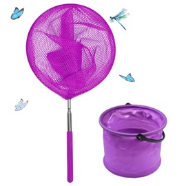 Purple Fishing Net for Kids with Foldable Bucket,Extendable Fishing & Butterfly Net,Children Telescopic Small Crabbing Net for Catching Insects,Fish,Beach,Pool,Ponds Outdoor Activities