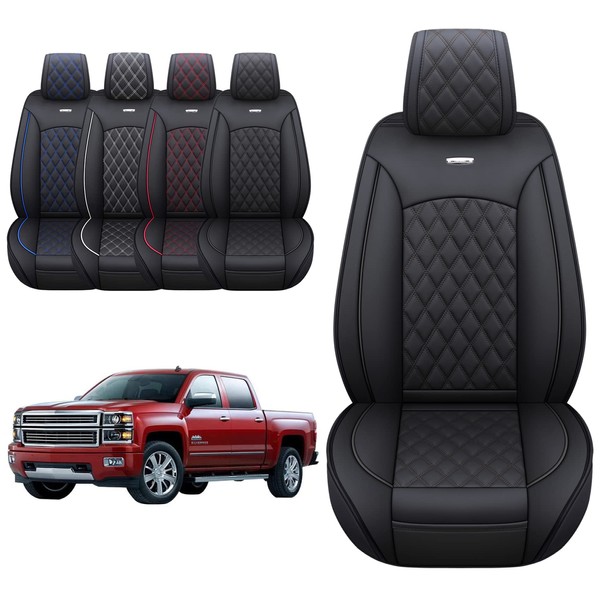 Aierxuan Chevy Silverado GMC Sierra 2 Front Seat Covers Pickup Custom Fit 2007-2024 1500 2500HD 3500HD Crew Double Extended Cab Waterproof Leather Seat Protectors(2 PCS Front, Black)