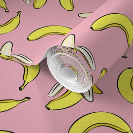 Spoonflower Commercial Grade Wallpaper Swatch - Bananas Pink Food Fruit Summer Breakfast Banana Nursery Kid Traditional Wallpaper