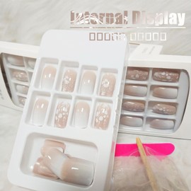 White Gradient Short Square Press on Nails with Flower Leaves Design, Glossy Nude False Nails Gel Glue on Nails, Ombre Manicure Art Fake Nails Stick on Nails for Coquette Women Girls