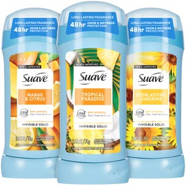 Suave Antiperspirant Deodorant for Women Variety 3-Pack – Tropical Paradise, Mango & Citrus + Everlasting Sunshine, Anti-Staining Invisible Solid, Talc-Free, 2.7 Oz Ea