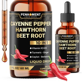 Penhoment 10in1 Cayenne Pepper Liquid Drops + Hawthorn Berry, Vitamin D3 K2, Beet Root, Turmeric, Ginger and More - Digestion Support - 2 Fl Oz - 2 Months Supply