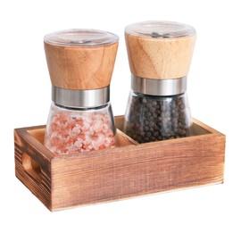 Wood Salt and Pepper Grinder Set with Holder, Manual Sea Salt, Peppercorn and Spice Mill, Glass Container, Adjustable Coarseness and Refillable