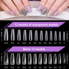 MOOING Nail Tips and Glue Gel Kit, 504 Fake Nails Tips Coffin, Fake Nails Tips Starter Set, 11 Sizes Fake Nails Transparent, Glue Gel Nail Kit with Mini Nail Lamp, Nail File, Nail Clippers