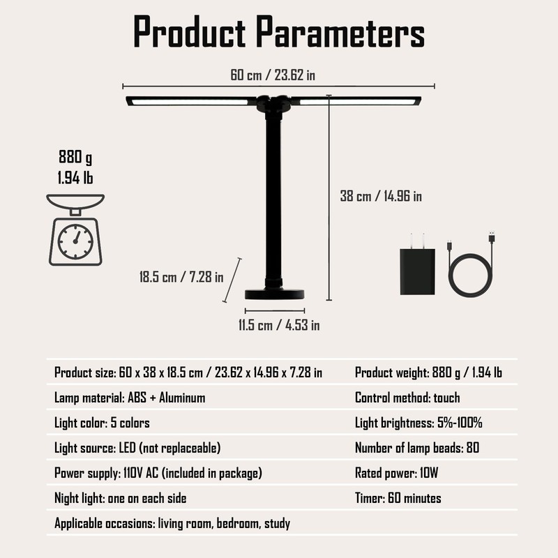 kvppvt LED Double Head Desk Lamp with Night Light, 5