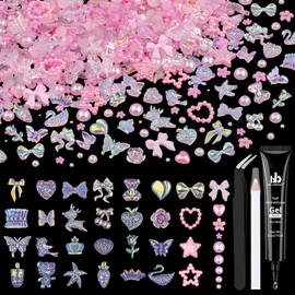 150 Pcs Kawaii 3D Nail Charms with Nail Charm Glue Set(UV Needed), Over 400 PCS Charms with Butterfly Bow Star Heart Bear 3D Flower and Pearls in Total with Tools for Nail Art(Pink)