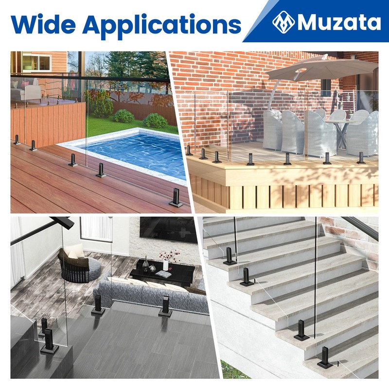Muzata 4Pack Black Glass Railing Spigot Clamp Rectangle Stainless Steel