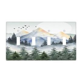 Tree Forest Mountain Quad Toggle Light Switch Plate Cover 4 Gang Decorative Outlet Plate Electrical Wall Plate Covers Receptacle Decorate Plug Covers For Kitchen Bedroom Bathroom Decor 4.5" X 8"