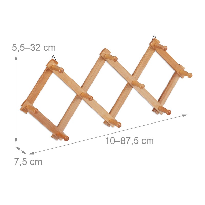 Relaxdays Wooden Wall Coat Rack, Extendable Coat Rack, 10 Coat