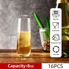 YANGNAY Stemless Champagne Flutes Set of 16, 8 oz - Clear Glass Toasting Glasses for Mimosa - Elegant Beverage Glassware