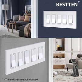 BESTTEN 5-Gang Screwless Wallplate, Decorator Outlet Cover, Decorative Switch Plate, USWP6 Snow White Series, for Dimmer, GFCI, USB Receptacle, H4.69” x W10.18”