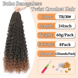 Auxemuen Senegalese Twist Crochet Hair with Curly Ends - Boho Island Twist Crochet Hair 8 Packs Boho Goddess Twist Crochet Hair Pre Looped Crochet Twists with Curly Ends (TB/30, 24 Inches)
