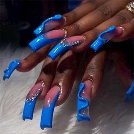 Curved Press on Nails Blue French Fake Nails Blue False Nails with Rhinestones Designs Curved Nail Tips Sparkly Artificial Nails XXL Long Square Nail Press ons Cute Stick on Nails for Women 20Pcs