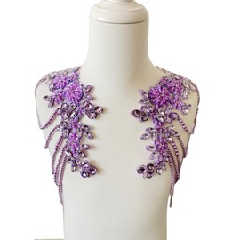 1 Pair Beaded Rhinestones Applique Embellishment for Clothes Epaulettes Shoulder Patches Sew-on Diamond Sequin Tassels Applique for Wedding Dress DIY Accessories 9.8X10.2inches (Violet)