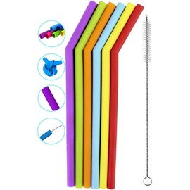 Paquete 6 Popotes Silicon Ecológico Con Cepillo Limpiador para todo tipo de bebidas varios colores incluye cepillo para limpiar tamaño grueso para frappes