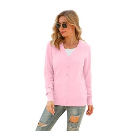 HAOMEILI Women's V Neck Button Down Knitwear Long Sleeve Soft Basic Knit Cardigan Sweater(XL Pink)