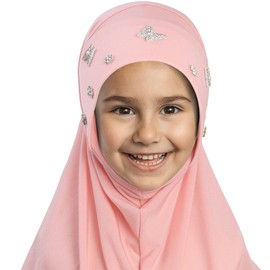 Lenmipot Little Girls Hijab Islamic Kids Hijab Headscarf Handmade Butterfly Rhinestone Muslim Hijab Cap for Girl (2-5year)