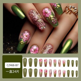 Long Coffn Press on Nails Green Fake Nails Pearl with designs Full Cover Flower False Nails Gradient Acrylic Nails Glitter Stick on Nails Spring Reusable Glue on Nails for Women 24pcs