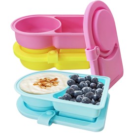 3 Pack Small Silicone Snack Containers with Lids, Reusable Food Storage Containers, Salad Dressing Container, Mini Double Compartment Snackle Box Container for Office, Picnic, School