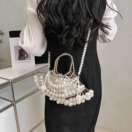 SHESRA Luxury Pearl Bag Chain Bag Purse Evening Bags, Artificial Pearl Clutch Handmade Bags for Party Wedding Bridal Travel 07